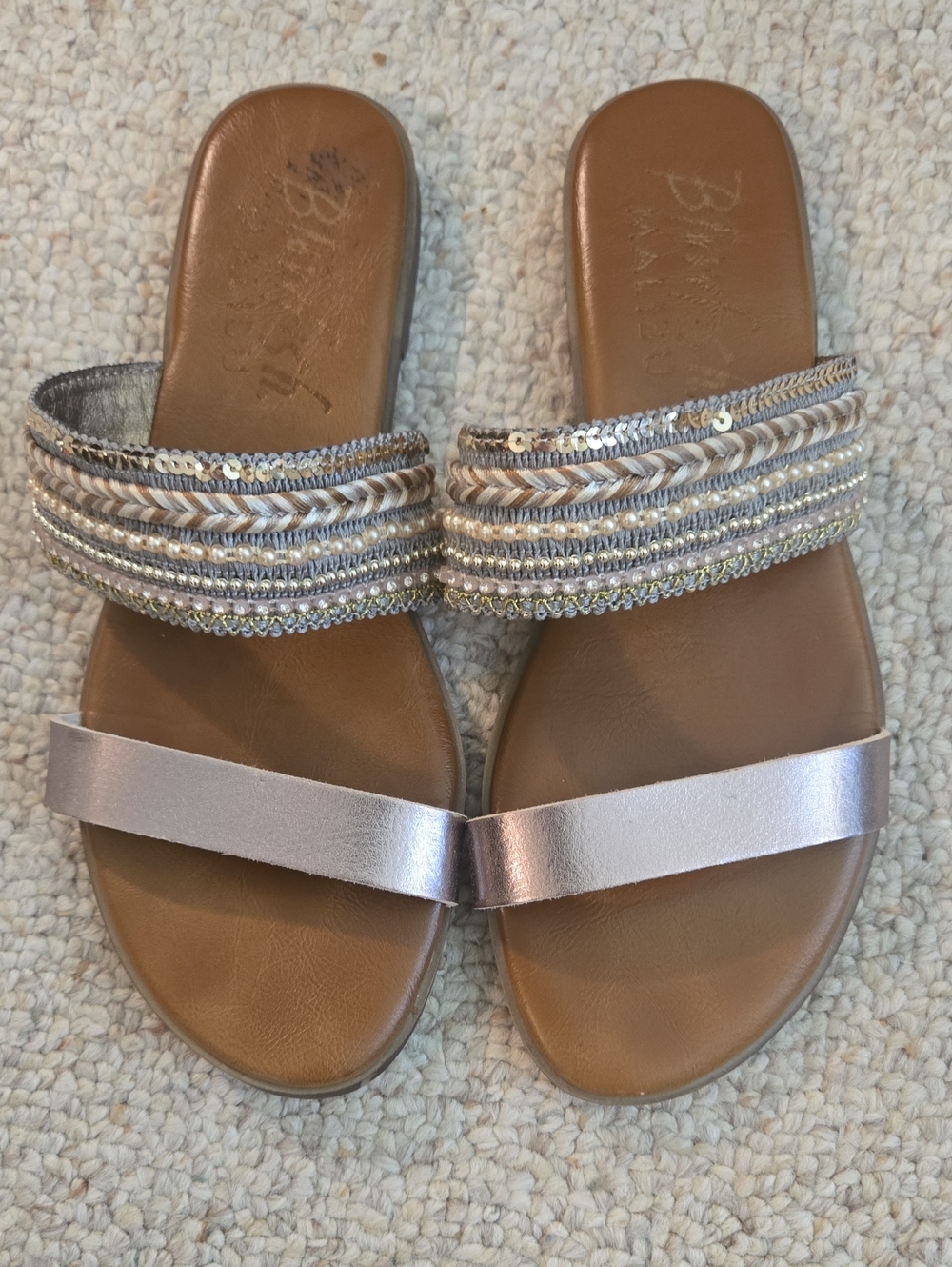 Embellished Double-Strap Slide Sandals in Metallic Taupe